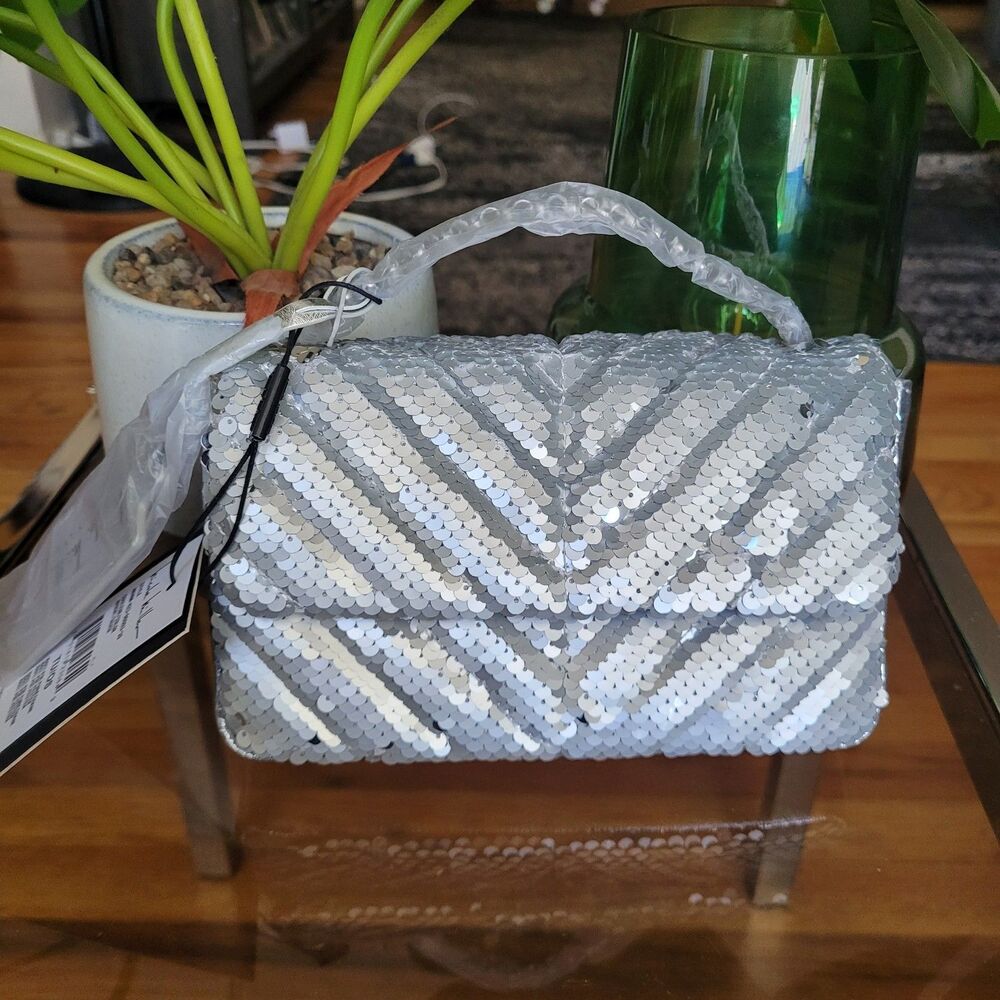 Nicole Miller Silver Sequin Handbag Chevron Quilted Crossbody Purse Evening Bag - Picture 9 of 12